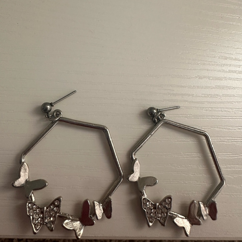 Silver Butterfly Hoop Earrings with Crystal Accents - Women Jewelry